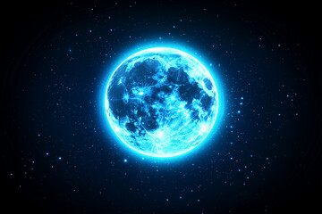 Obraz premium Bright Full Moon and Twinkle Stars in Dark Blue Night Sky Banner. Abstract image of brilliant full moon and glowing stars in the dark blue night sky for background, banner or poster. 