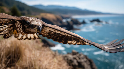 independence american eagle flying. majestic eagle flying over stunning coastal landscape symbolizes independence and freedom