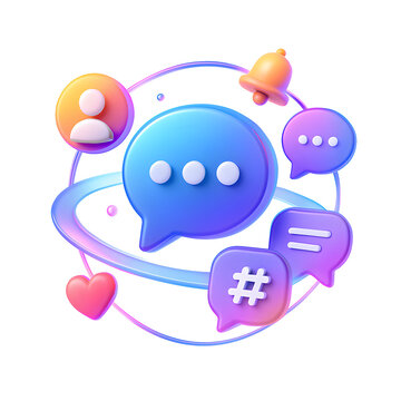 3D social message PNG icon isolated on transparent background &ndash; chat bubble, user avatar, heart, and hashtag in orbit layout.
