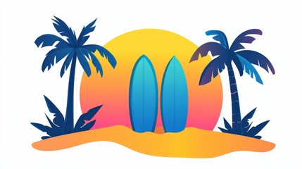 Obraz premium Tropical Sunset with Surfers and Palm Trees in Vibrant Colors