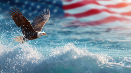 independence american eagle flying. Majestic eagle flying over ocean waves symbolizes American independence and freedom