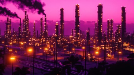 Vibrant industrial skyline at dusk with glowing smokestacks and illuminated streets