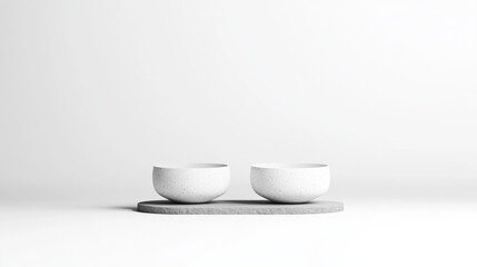 Two small, white bowls sit on a gray rectangular tray against a stark white background. The image is clean and minimalist, with soft lighting. The style is simple and elegant. The overall mood is s