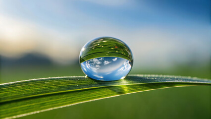 Conceptual image for World Environment Day. dewdrop on green blade reflects sky and clouds in peaceful morning light.