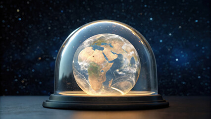 Conceptual image for World Environment Day. Glowing Earth globe under glass dome on dark surface with starry space background.