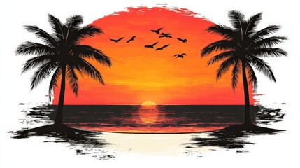 Vibrant Sunset Over Tropical Beach with Palm Trees and Birds