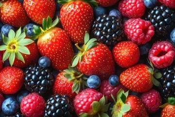 Fototapeta premium close-up of vibrant mixed forest berries strawberries blueberries raspberries blackberries healthy nutritious fresh fruit