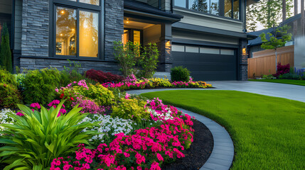 Obraz premium Luxurious Home Exterior with Vibrant Garden: A lavish, modern home exterior showcases a beautifully landscaped garden bursting with colorful blossoms, lush greenery, and meticulous design.