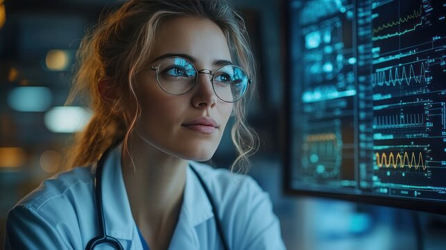 female doctor diagnosing a digital twin patient, fully AI-powered medical simulation in a futuristic hospital - Powered by Adobe