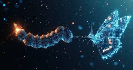 Futuristic Digital Butterfly Life Cycle Illustration for Innovation Technology Growth and Transformation