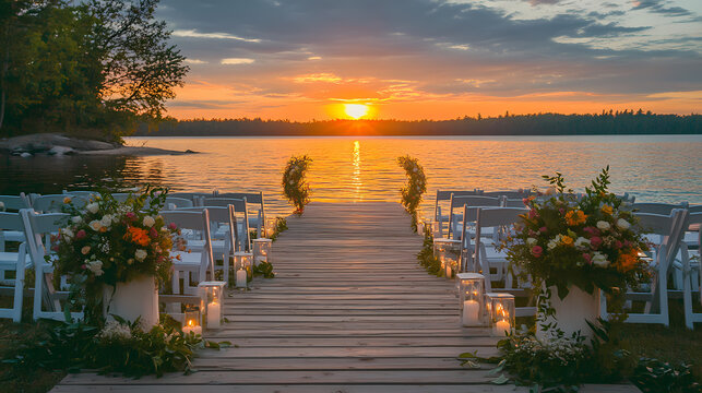 Golden Sunset Over Lakeside Wedding Ceremony: A picturesque wedding setting unfolds as the sun dips below the horizon, casting a warm, golden glow over a serene lake.
