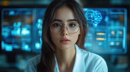female doctor monitoring an AI-driven patient care system, integrating advanced healthcare technology