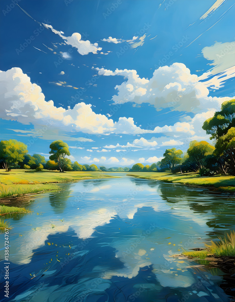 Poster a serene landscape featuring a calm river reflecting the vibrant sky and fluffy clouds, surrounded b