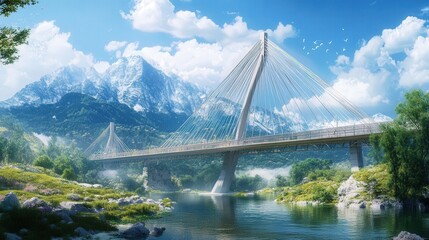 Obraz premium steel cable bridge, its modern design harmonizing with the surrounding mountain scenery.