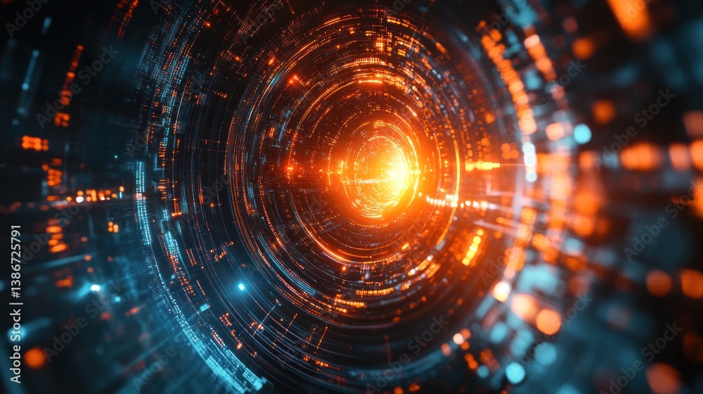 Poster abstract digital tunnel with glowing circuitry and data streams representing advanced technology and