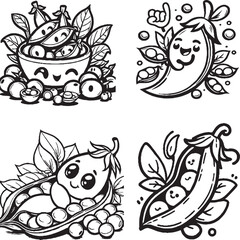 Obraz premium Playful Pea Illustrations – Fun Black-and-White Anthropomorphic Designs