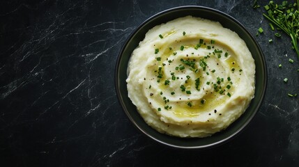 A bowl of creamy mashed potatoes with garlic and chives. Featuring comfort, texture, and flavor