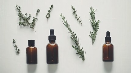 Fototapeta premium Herbal Essential Oils with Fresh Green Herbs on Light Background