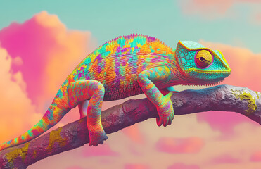 Vibrant Chameleon on Branch: A captivating, vibrant chameleon rests gracefully on a branch, its skin a kaleidoscope of colors against a serene, cloudy sky, evoking a sense of tranquility and wonder.