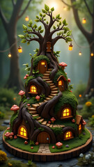 A gnome village cake with glowing houses in misty forest. Sunbeams and lanterns create cozy birthday atmosphere.