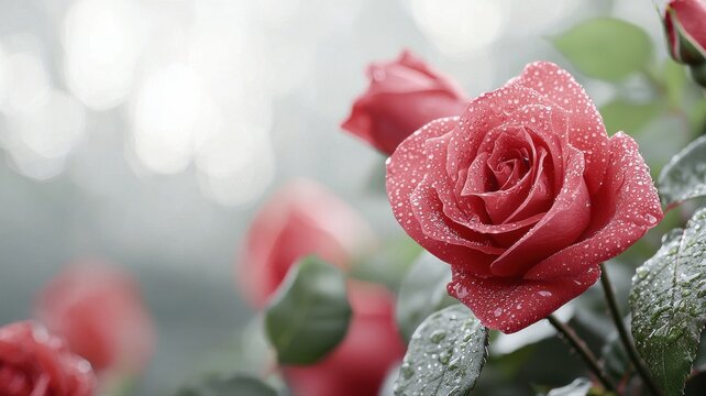Close-up of a dewy red rose in a garden setting, capturing nature's beauty and elegance.