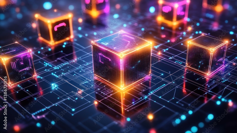 Poster illuminated technological cubes on a circuit board background depicting digital information processi