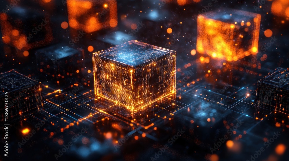 Poster glowing technology cubes illuminating a grid network representing artificial intelligence and sophis