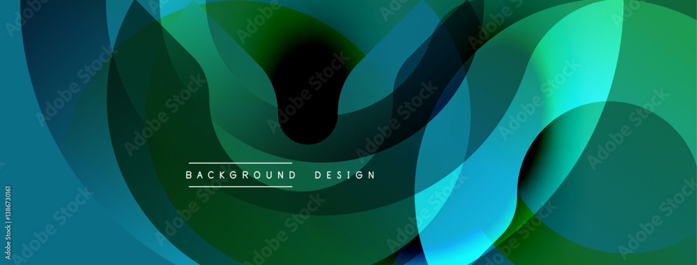 Poster Abstract shapes overlap, creating dynamic flow. Vibrant greens, blues blend seamlessly. Modern design evokes movement, depth. Smooth gradients add visual interest.