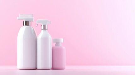 Cosmetic Bottles Pink Dispenser and Lotion Minimalist Clean Style High Resolution Studio Shot Row Arrangement Blank Labels Product Display Soft Pink Background Ideal for Packaging Design