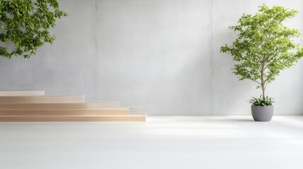 A large potted plant standing beside minimalist wooden steps in a bright, modern interior space, clean lines and natural light, and serene atmosphere.