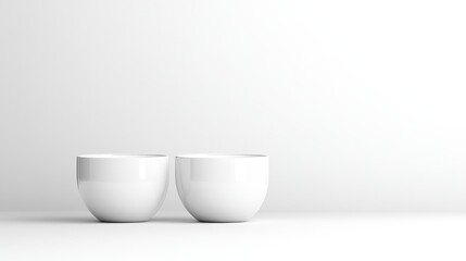 Two simple white bowls sit side-by-side against a stark white background. The image is clean and minimalist, with even lighting and high resolution. The style is modern and sleek. The monochromatic