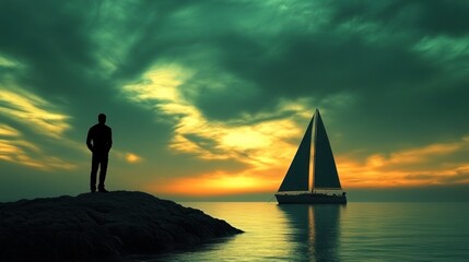 A man stands alone on a remote shore, staring at a sailboat anchored in the distance, with the sky transitioning from day to night.