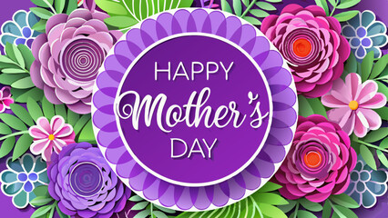 Abstract Festive Background with Flowers and a Rectangular Frame. Happy Mother's Day. Women's Day, March 8. Paper cut Floral Greeting Card. Vector illustration