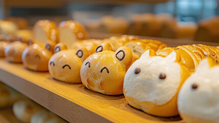 Obraz premium Cute character pastry display in a bakery showcasing adorable designs and delightful shapes