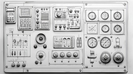 Control panel with gauges dials and switches illustration.