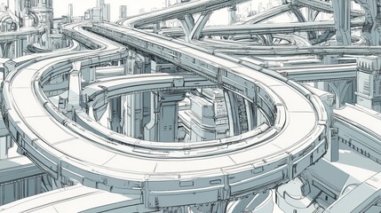 Complex elevated roadway system in a city illustration.