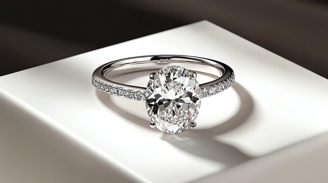 Oval solitaire ring with pave detailing on a sleek white surface