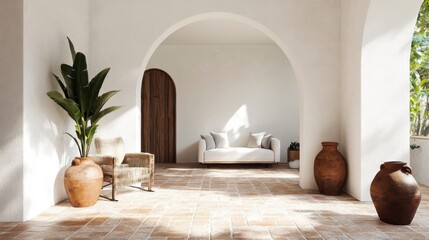 Sunlit Mediterranean Courtyard with Terracotta Pots and White Sofa