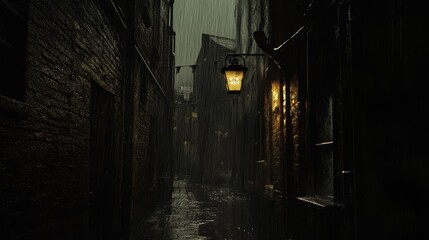 Obraz premium Dark alleyway with buildings and a glowing lantern.