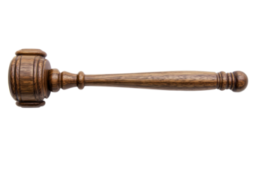 A close-up of a polished wooden judge gavel resting on its soundboard with fine grain details, isolated against a pure white background