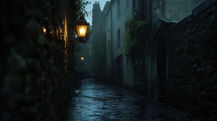 Dark alleyway with stone walls and illuminated lanterns.