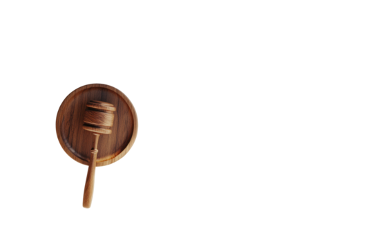 A detailed shot of a wooden gavel with smooth curves and a matching soundboard, placed neatly on a stark white background