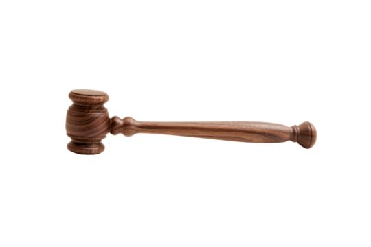 A detailed shot of a wooden gavel with smooth curves and a matching soundboard, placed neatly on a stark white background