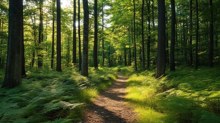 Obraz premium Sunlit trail through the verdant forest, A natural escape