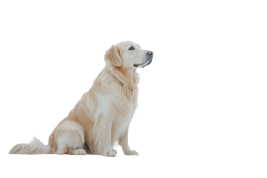 A Golden Retriever dog sitting still on a smooth white surface with its tail resting at its side. The dogs fluffy coat and warm eyes give it a gentle and welcoming appearance