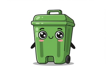 A cartoon green trash can with a smiling face and arms standing on a white background in a vector image