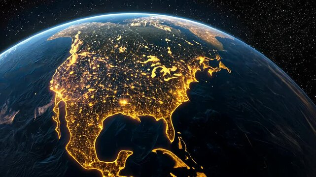 Aerial View of North America Night City Lights Illuminate Earth&rsquo;s Geography