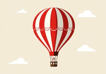 Obraz premium A red and white striped hot air balloon floating in the sky with a person in the basket below it