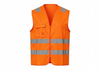 A bright orange safety vest with reflective stripes and pockets on a plain white background studio shot