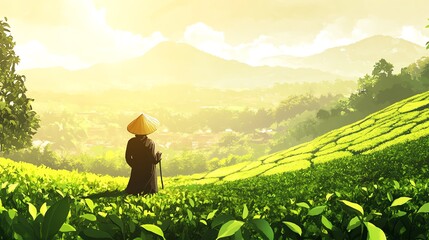 Fototapeta premium Serene Tea Plantation at Sunrise With a Figure in Traditional Attire Enjoying the Peaceful Landscape